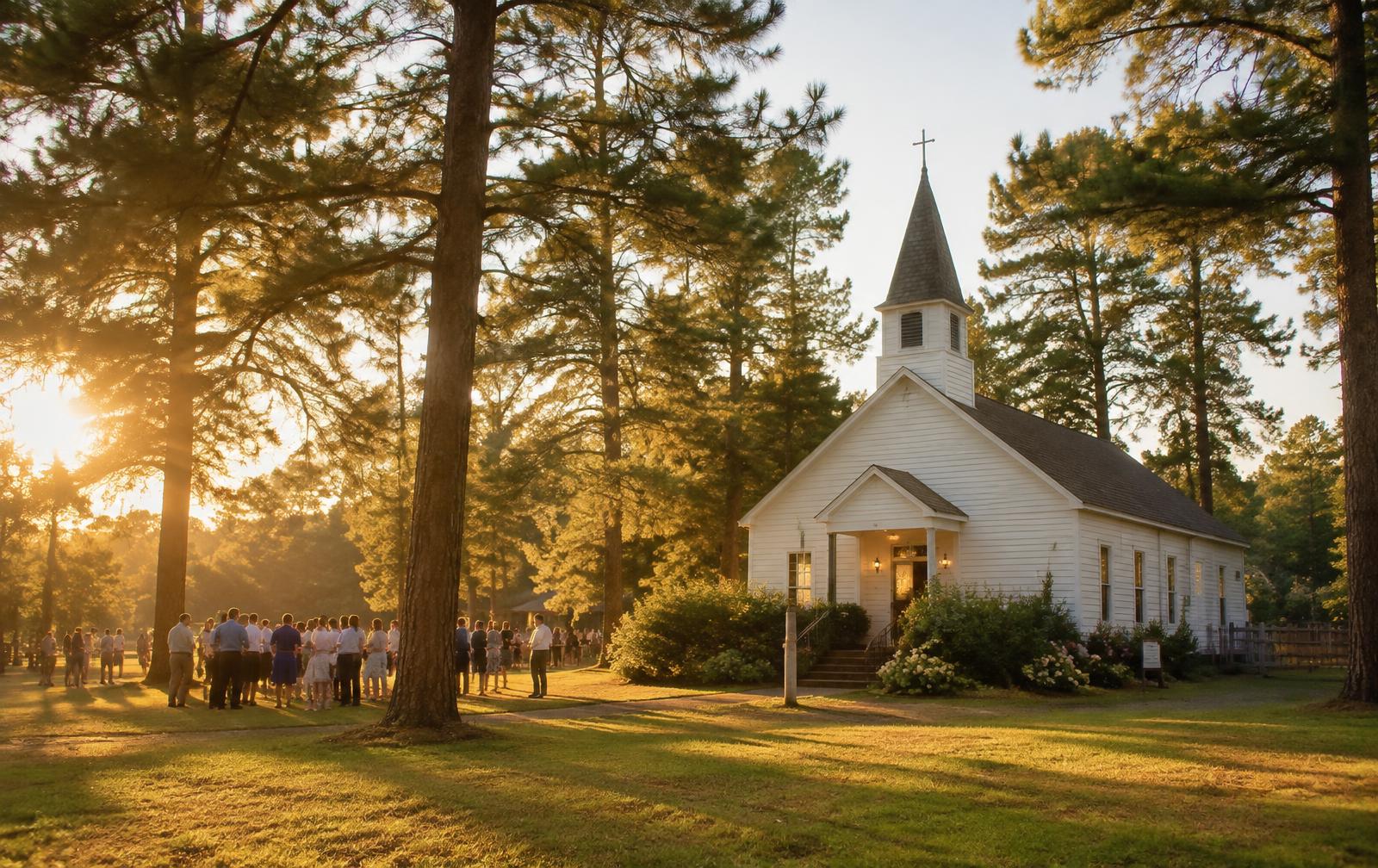 A white country church among East Texas pines at sunset